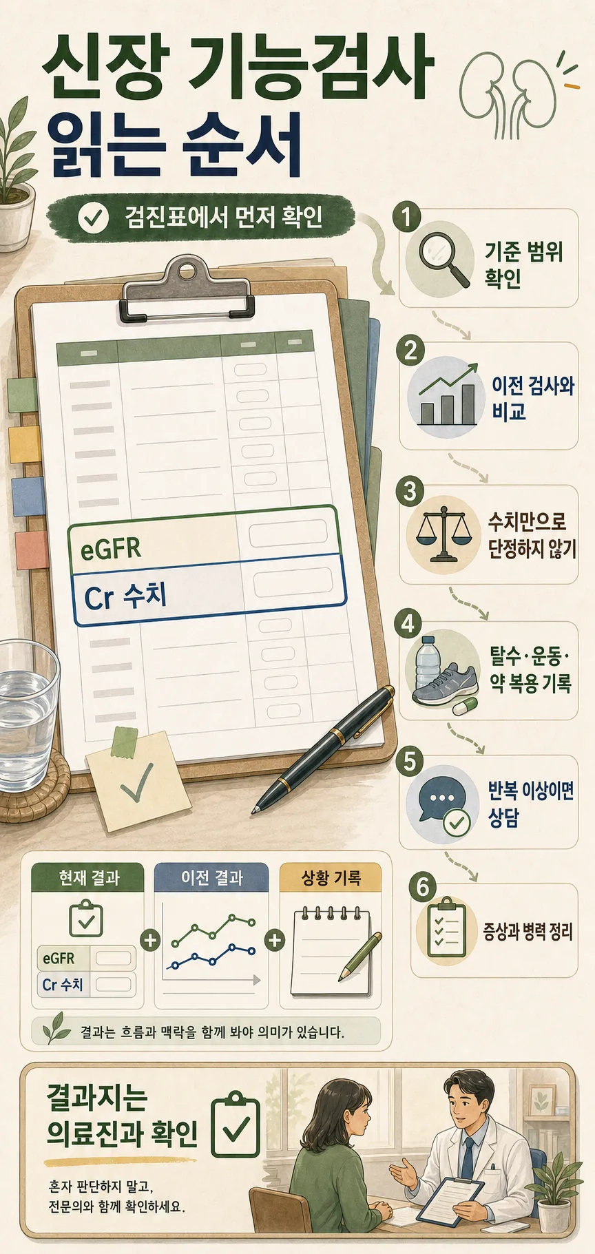 신장 기능검사 수치 eGFR 크레아티닌: 한 번 낮게 나온 값보다 추적 보기 2 신장 기능검사 수치 eGFR 크레아티닌을 이전 결과와 소변검사로 함께 보는 확인표