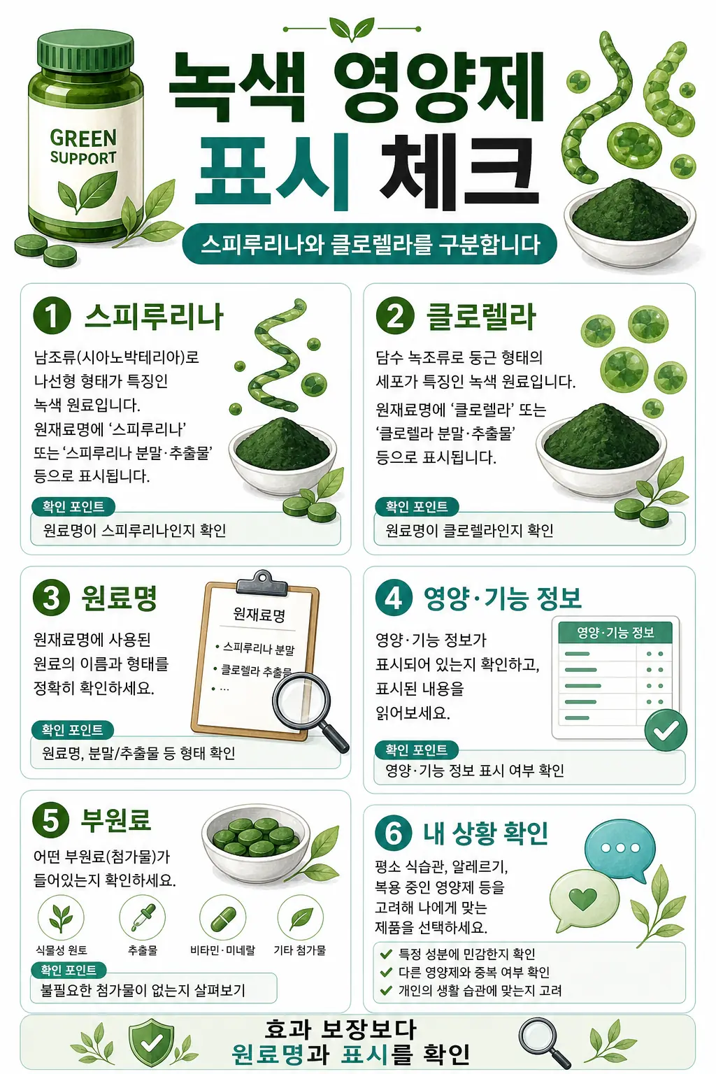 스피루리나 클로렐라 차이, 녹색 영양제 비교 기준 2 녹색 영양제 표시 체크 인라인 이미지