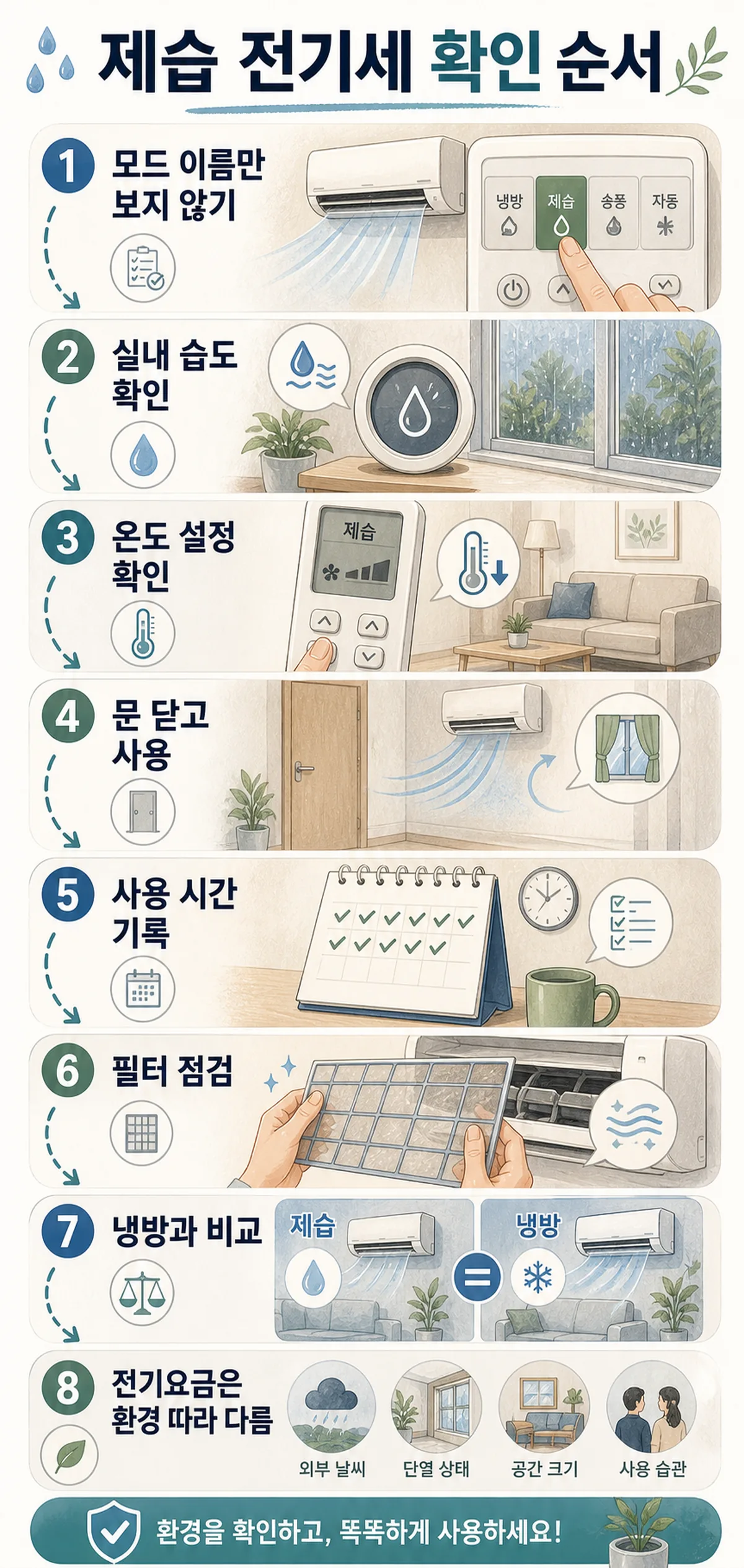 에어컨 제습 전기세를 냉방 모드와 사용 시간으로 비교하는 전기요금 체크표