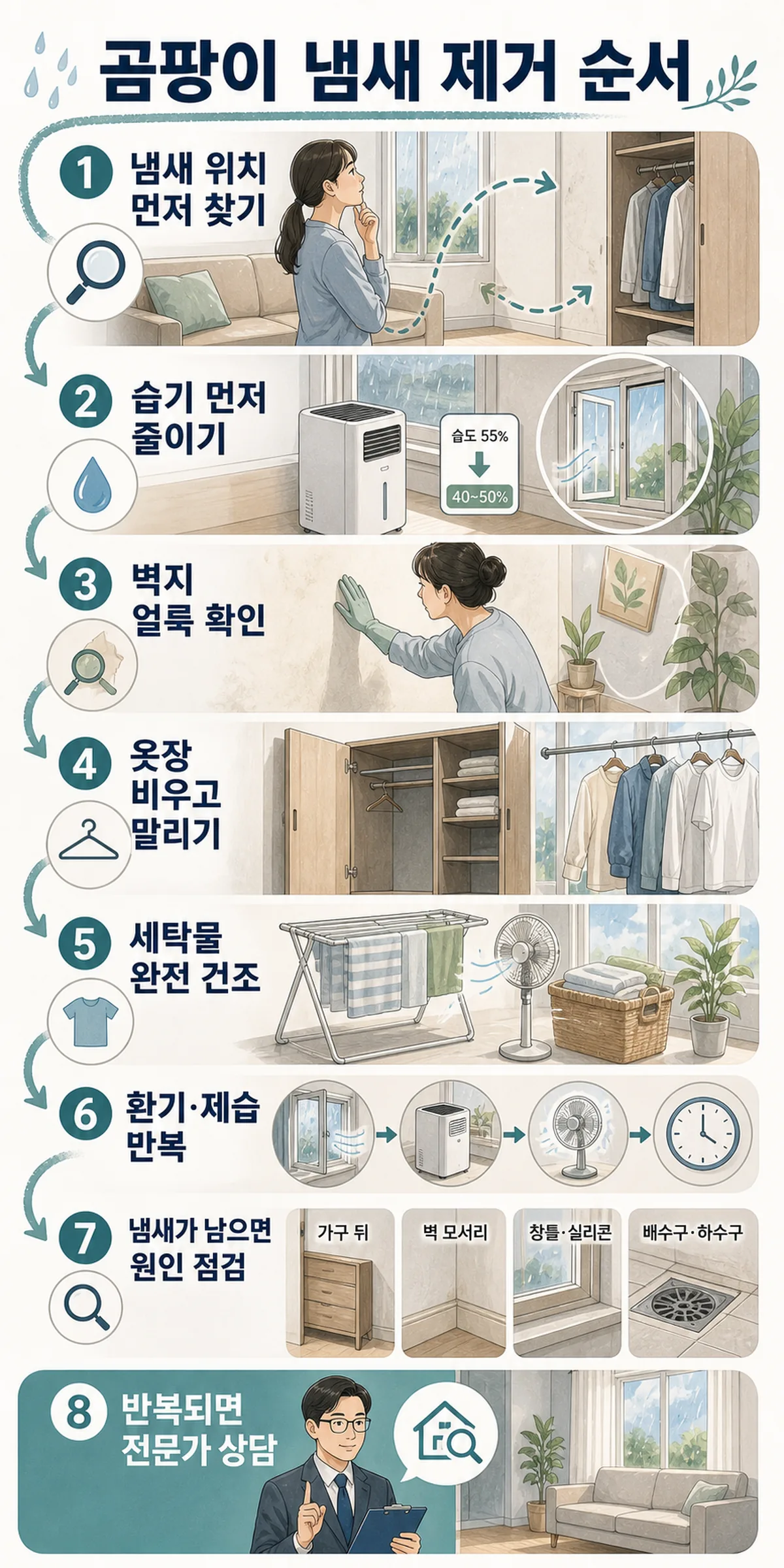 장마철 곰팡이 냄새 제거, 벽지·옷장 냄새가 날 때 순서 인라인 이미지
