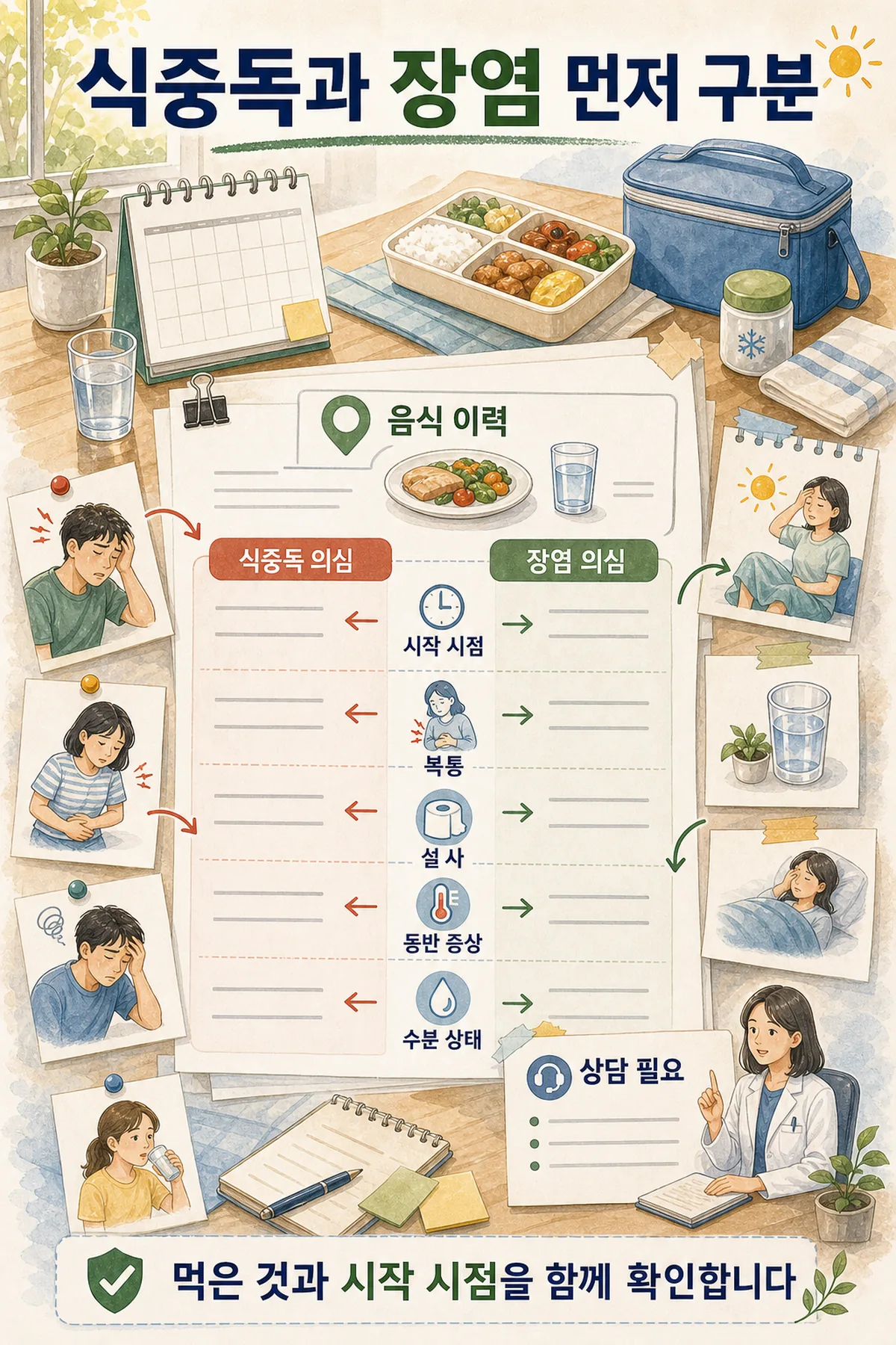 여름 식중독 증상: 장염과 헷갈릴 때 음식 이력부터 보는 법 2 여름 식중독 증상과 장염 의심 상황을 음식 섭취 이력과 탈수 신호로 비교하는 표