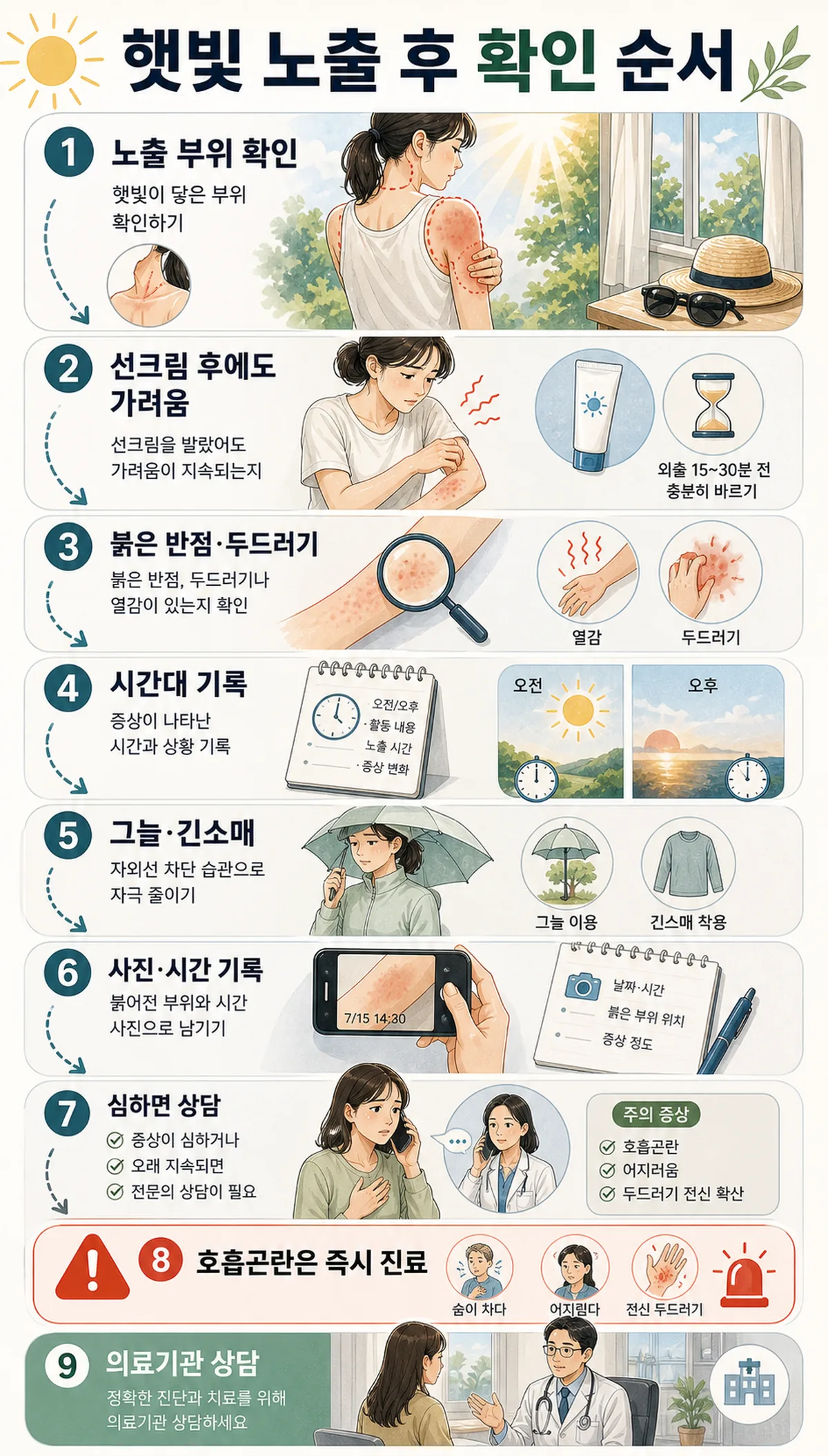 햇빛 알레르기 증상을 노출 부위와 발생 시간으로 구분하는 피부 체크표