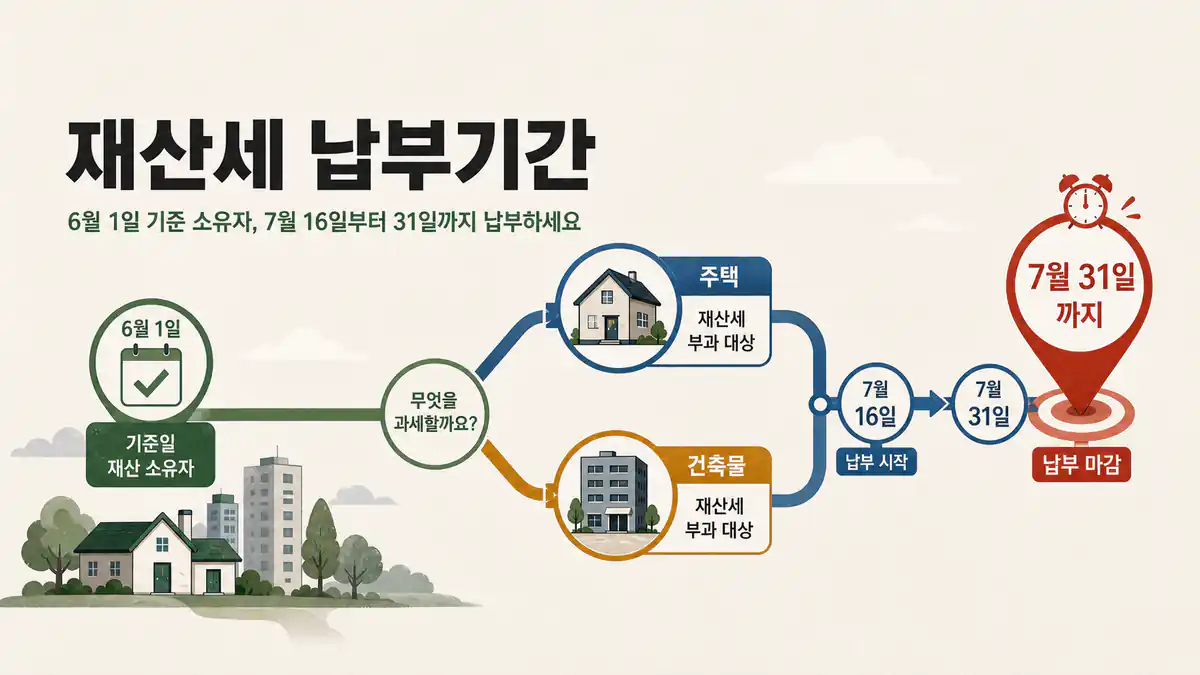 2026 재산세 납부 마감 7월 31일과 위택스 고지서를 안내하는 달력형 그래픽